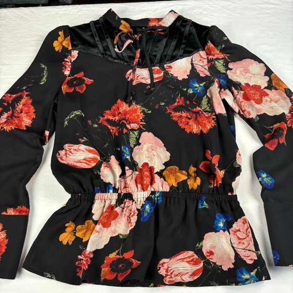 Worthington Black Floral Print Peplum Blouse - Size S - Picture 3 of 13